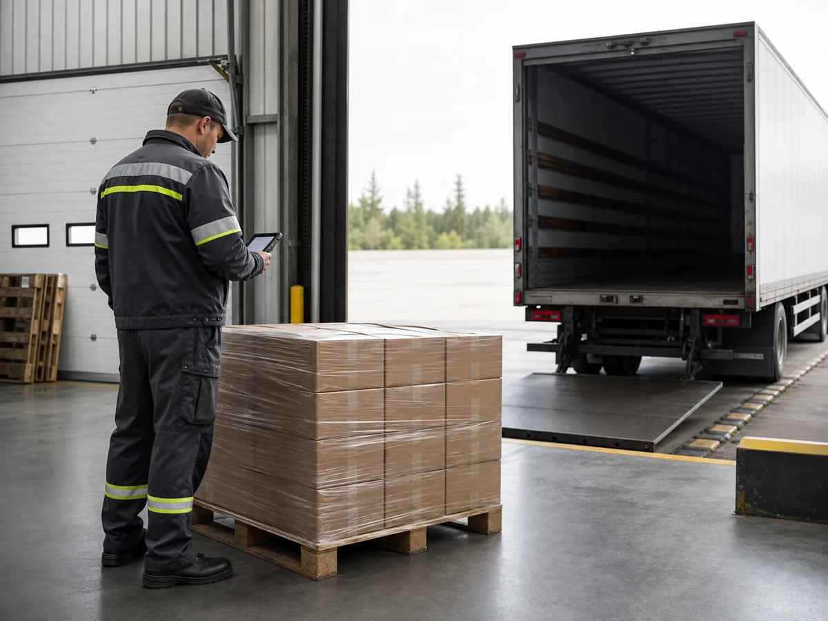 Imagen referencial de un trabajador verificando carga palletizada antes de su despacho