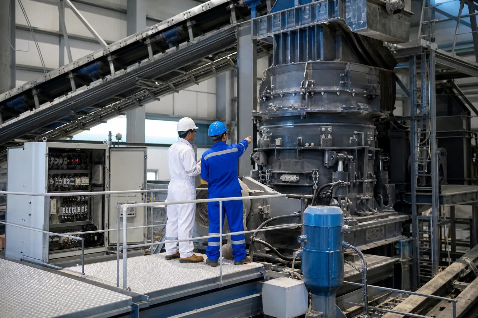 Imagen referencial de técnicos inspeccionando equipos de chancado y control eléctrico