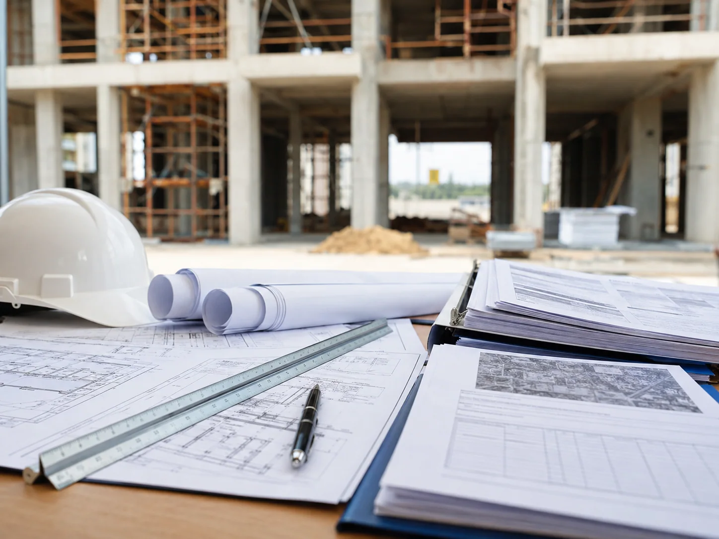 Imagen referencial de planos, carpeta técnica y documentación en una obra en construcción