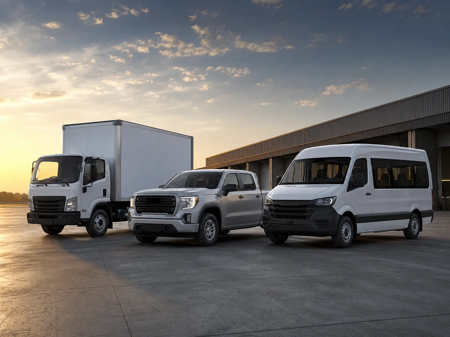 Imagen referencial de camión, camioneta y minibus en un patio industrial