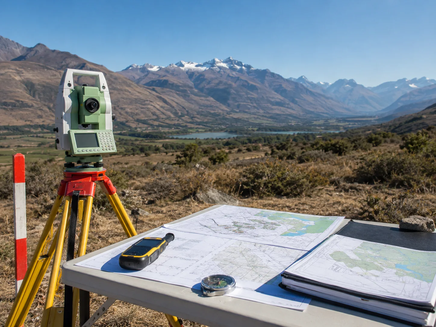 Imagen referencial de una estación total, planos y equipos de topografía en terreno